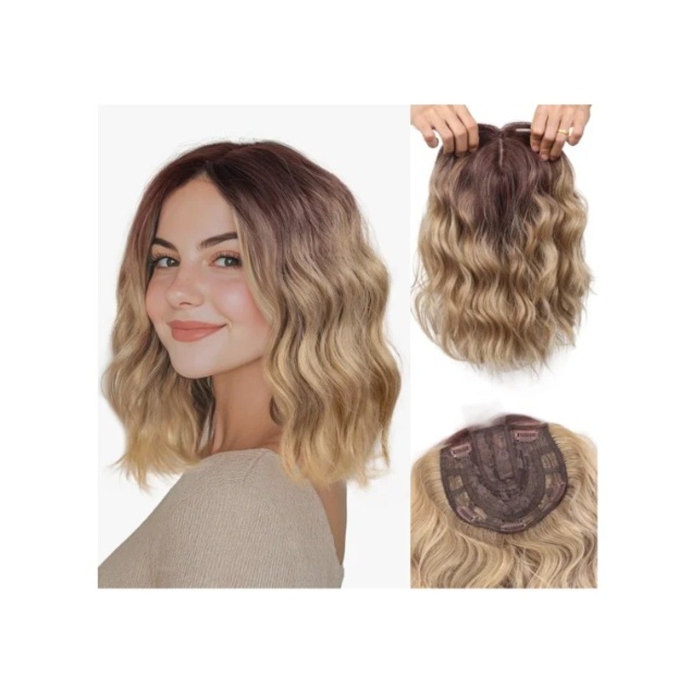 Short Wavy Hair Topper 11in Ombre Brown Blonde Synthetic Hairpiece Natural